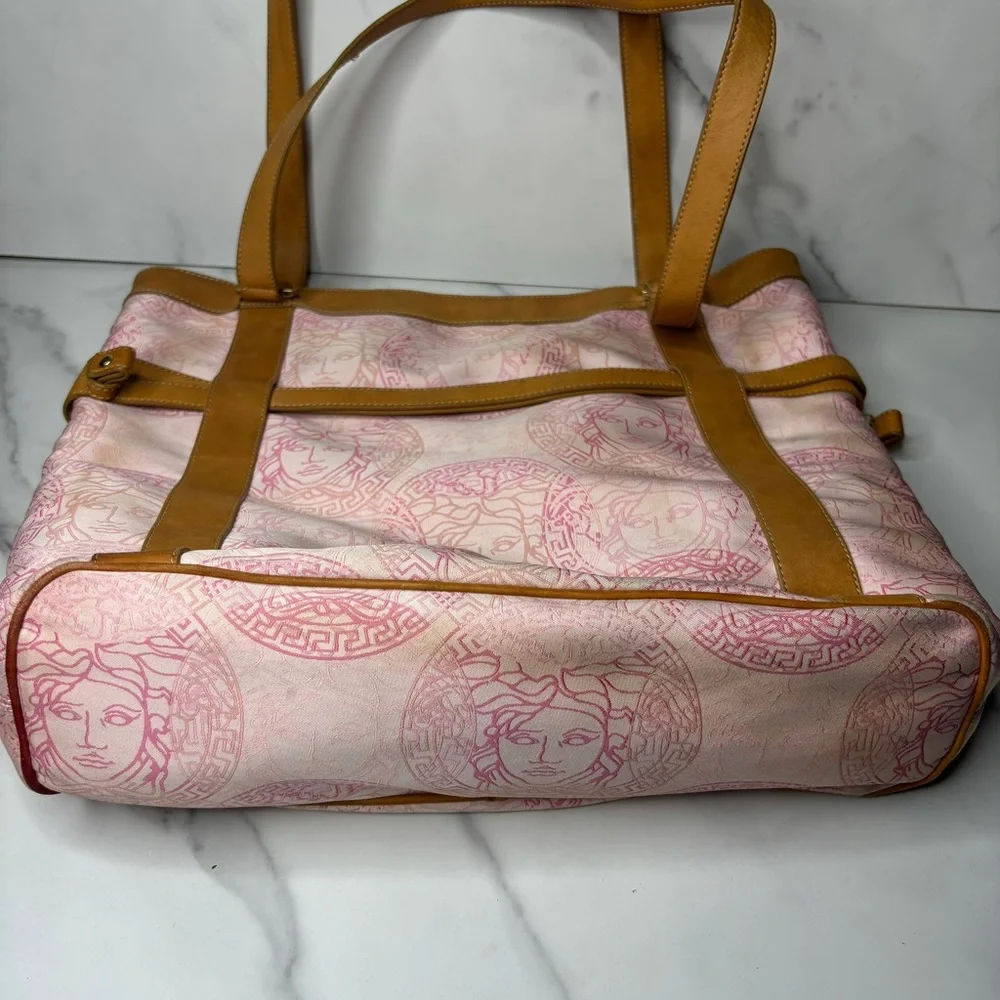 Versace Medusa Pink Leather And Canvas 2 Side Handle Tote/ Bag